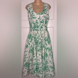 J. Peterman Toile de Jouy Sleeveless Dress Green & White Print Dress Size 16